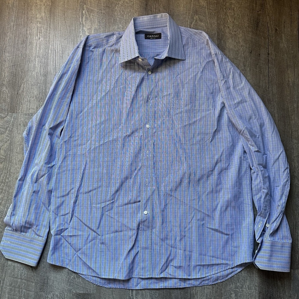 Canali‎ Shirt Mens 43 17 Blue Plaid Dress Long Sleeve Button Front Italy Cotton